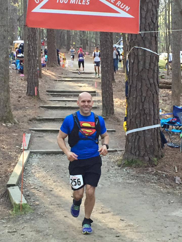 Our trainer, Chris, getting ready for a new lap in the 2016 Umstead 100 race.
